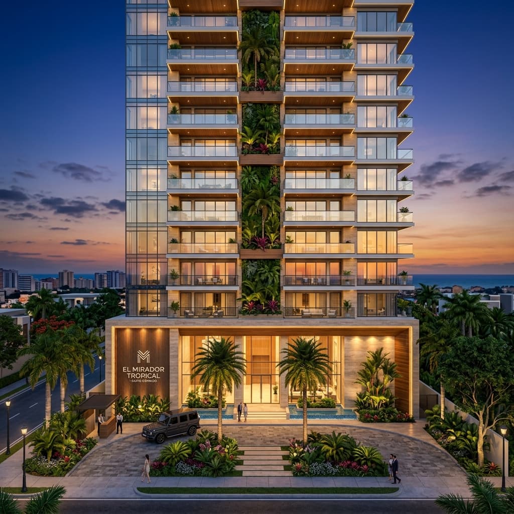 Fachada imponente del proyecto de lujo Residencial Aurora en Santo Domingo Este